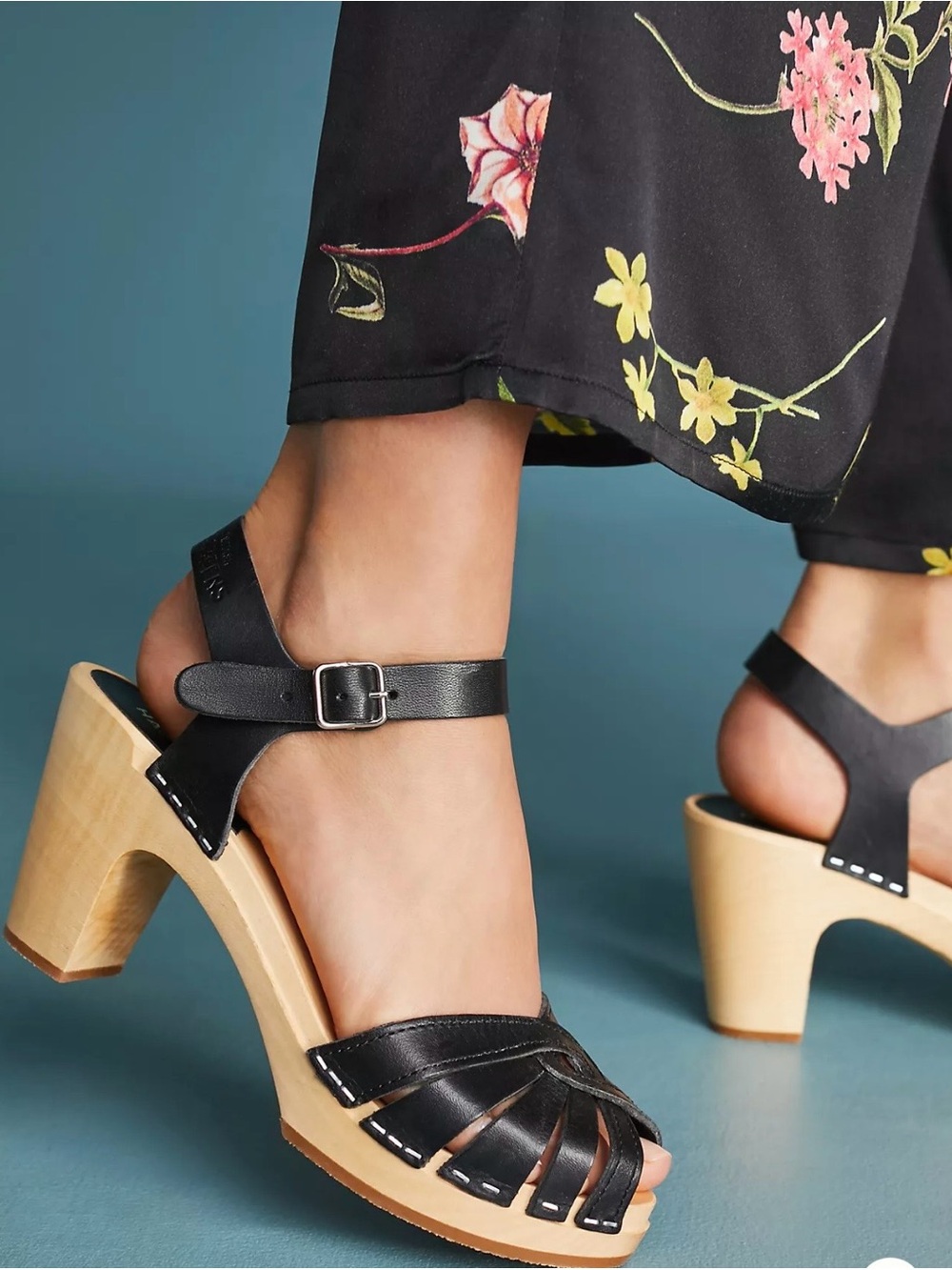 Black Leather Ankle-Strap Clog Sandals Size7